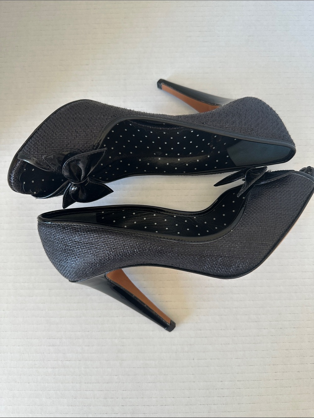 Moschino Cheap & Chic Black Raffia Heels with Patent Leather Bows Size 38 1/2